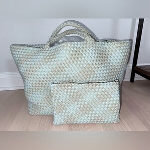 Naghedi Woven Tote Large in Light Blue and Beige Gray Haze Like New